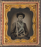 [Unidentified soldier in Confederate uniform with rifle musket, fixed bayonet, star belt buckle, and Bowie knife made by Cooper Iron Works, Etowah, Georgia]