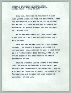 Remarks of Representative Barbara Jordan Before the Black Women Lawyers Association