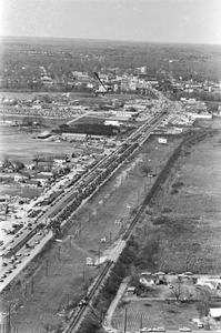 Aerial view of marchers on U.S. Highway 80 south of Selma, Alabama, on the first day of the Selma to Montgomery March.