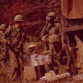 Soldiers on a meal break at the U.S. Army training facility at Fort McClellan near Anniston, Alabama.