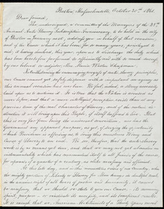 Letter from Lydia Maria Child, Boston, Massachusetts, October 30th 1861