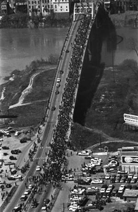 Aerial view of marchers on the Edmund Pettus Bridge in Selma, Alabama, on the first day of the Selma to Montgomery March.