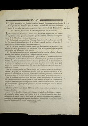 Thumbnail for Loi qui détermine les formes à suivre dans le jugement des préposés à la garde des détenus, qui, d'après l'évasion de ceux-ci, seraient dans le cas des poursuites ordonnées par la loi du 13 brumaire : du 3 messidor, l'an deuxième de la République française, une et indivisible