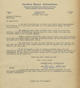 Letter: Kinston, North Carolina to the exhibitor, Douglass Theatre, Macon, Georgia, 1927 Oct. 28