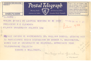 Thumbnail for Telegram from Columbia Broadcasting System to Atlanta University