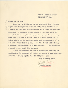 Letter from Countee Cullen to W. E. B. Du Bois