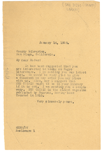 Letter from W. E. B. Du Bois to County Librarian, San Diego Public Library