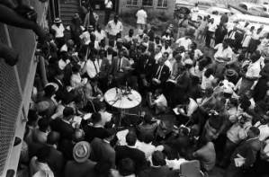 Martin Luther King Jr. and Ralph Abernathy holding a press conference at the Gaston Motel in Birmingham, Alabama.