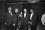 USC Ebonics Support Group members posing with USC President James H. Zumberge, Los Angeles, 1983