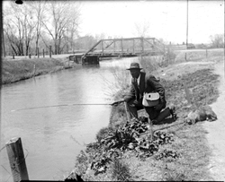 Recreation fishing man beside canal Alameda bridge in background