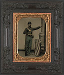 [Unidentified soldier in Union uniform with musket and American flag pointing his finger]