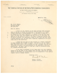 Letter from the National Council of the Young Men's Christian Associations of the United States of America to W. E. B. Du Bois