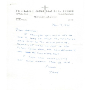 Thumbnail for Letter, Trinitarian Congregational Church, November 19, 1976.