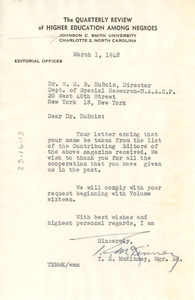 Letter from Quarterly Review of Higher Education Among Negroes to W. E. B. Du Bois