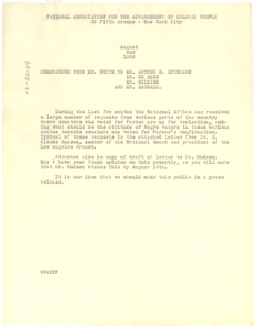 Memorandum from Walter White to Arthur B. Spingarn, W. E. B. Du Bois, Roy Wilkins, and Robert Bagnall