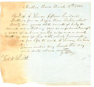 Receipt to Alexander Simon from Z. Motley for slave, Rubin, 1860