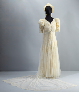 Wedding dress worn by Lollaretta Pemberton with veil and headpiece