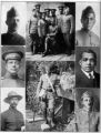 Overseas secretaries of the YMCA; Left top: E. L. Snyder; Left center: J. A. Croon; Below: Moses A. Davis; Center top: Group of Y secretaries ready to set sail for France; Below: B. F. Seldon behind the lines in France just emerging from the trip throu...