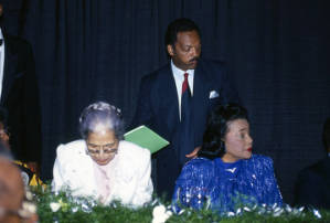 Rosa Parks, Jesse Jackson, and Coretta Scott King at the annual meeting of the Southern Christian Leadership Conference (SCLC) in Birmingham, Alabama.