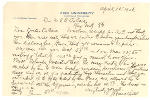 Letter from Fisk University treasurer to W. E. B. Du Bois