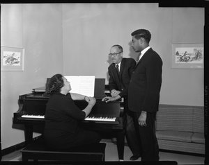 Avon Stewart, H.U. Music Student, with Dean Lawson and Mrs. Grant, April 1963 [cellulose acetate photonegative]