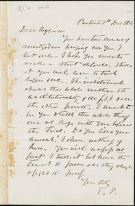 Letter from Theodore Parker, Boston, [Massachusetts], to Thomas Wentworth Higginson, 1854 Dec[ember] 27