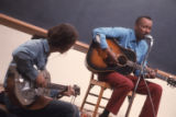 James "Son" Thomas, Leland, Mississippi and Yale. Archie Green and Ray Lum, festival in Washington, D.C. 1974. (Son Thomas and Archie Green)