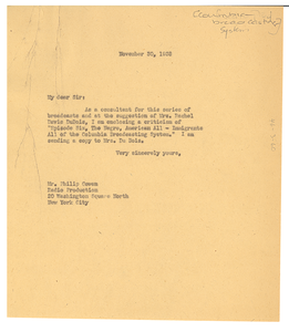 Letter from W. E. B. Du Bois to Columbia Broadcasting System