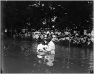 Spectators at a immersion baptism.