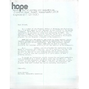 Membership invitation letter to the Hispanic Office of Planning and Evaluation (HOPE).