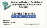 Palmetto Medical, Dental and Pharmaceutical Association Auxiliary 2011 member card for Martha Monteith