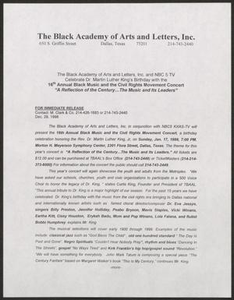 Press release: The Black Academy of Arts and Letters, Inc. and NBC 5 TV Celebrate Dr. Martin Luther King's Birthday with the 16th Annual Black Music and the Civil Rights Movement Concert "A Reflection of the Century. . . The Music and its Leaders"