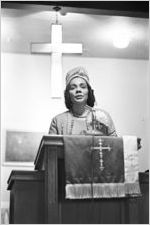 Coretta Scott King speaking to an audience of women at Hall Street Baptist Church in Montgomery, Alabama.