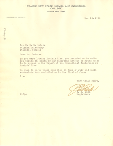 Letter from Prairie View State Normal and Industrial College to W. E. B. Du Bois