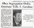 Newspaper article, Obey Segregation Order, Governor Tells S. Carolina