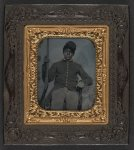 [Unidentified African American soldier in Union sergeant uniform holding a rifle]