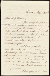 Letter from Samuel May, Leicester, [Mass.], to Miss Weston, Sept. 27th, [1852]