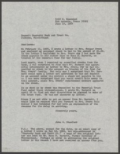 Letter from John W. Stanford to Deposit Guaranty Bank and Trust Company, June 17, 1964