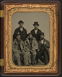 [Three unidentified soldiers of Co. H, 3rd Ohio Cavalry Regiment in uniforms and two unidentified men in civilian dress]