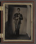 [Unidentified soldier in Union uniform with M1816 conversion musket with affixed bayonet, bowie knife, and large Colt revolver]