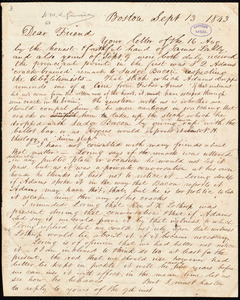 Letter from Francis Jackson, Boston, [Mass.], to William Lloyd Garrison, Sept[ember] 13 1843