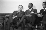 Congressman Carl Elliott seated with two other men during a meeting of educators at Alabama State College in Montgomery, Alabama.