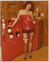 Woman next to bottles of alcohol.