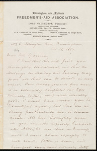 Letter from Thomas Phillips, No. 6 Islington Row, Birmingham, [England], to William Lloyd Garrison, Oct. 11, 1867