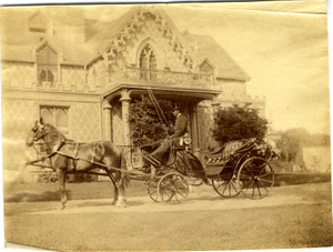 Carriage driver parked in front of the Mudge House, Swampscott, Mass., 1880-1890