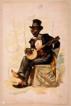 [African American in tuxedo and top hat, seated, playing banjo]