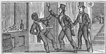 [A man restraining a man wearing a top hat holding a bottle over his head.]