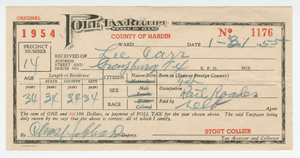 Poll tax receipt for Lee Carr from Hardin County, Texas