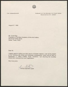 Letter from an Ambassador to Curtis King, August 27, 1999