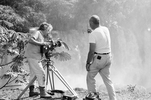 Eliot Elisofon and cameraman Georges Bracher filming waterfall in southeastern Kasai. Near Gungu, Congo (Democratic Republic)